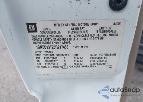 2005 Chevrolet Tahoe Z71 z USA, uszkodzony, nr VIN 1GNEC13T25R217438